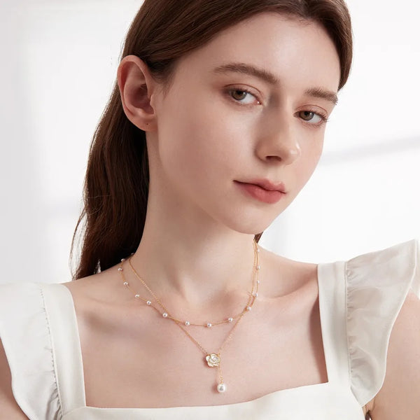 Two Tone Flowers Double Layer Necklace for Adults with Pearl Inlay, 14K Real Gold Electroplated Copper on Ball Chain