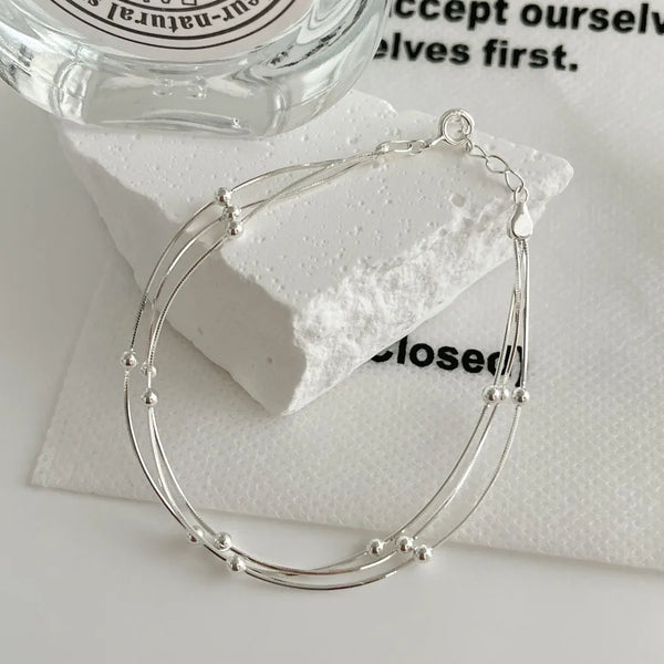 Seina New S925 Sterling Silver Three-Layer Snake Bone Spacer Bead Bracelet Women's Layering Simple Hand Jewelry Silver Accessory