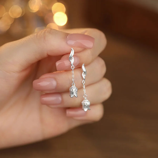 Bohemian Style S925 Sterling Silver Bellflower Long Dangle Earrings Women Simple Fashion Versatile Forest System Pure Silver Drop Earrings