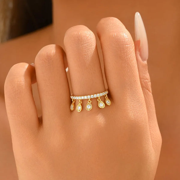 Water Droplets Ring for Women in 925 Sterling Silver with 18K Real Gold Plated Coating 0.01µm Featuring Zircon Inlay
