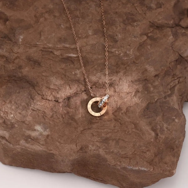 Roman Numeral Necklace for Women in Titanium Steel with 18K Real Gold Electroplated and Rhinestones Inlay