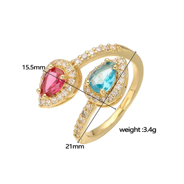 Wholesale Jewelry Elegant Luxurious Shiny Water Droplets Copper Zircon 18K Gold Plated Plating Inlay Open Rings