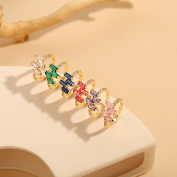 classic style shiny rectangle copper 14k gold plated zircon open rings in bulk
