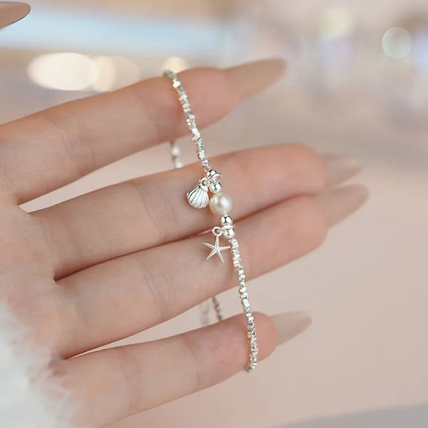 S925 Pure Silver S999 Sterling Silver Luxury Star Shell Bracelet Fresh Unique Design Elegant High-End Feeling Women's Jewelry