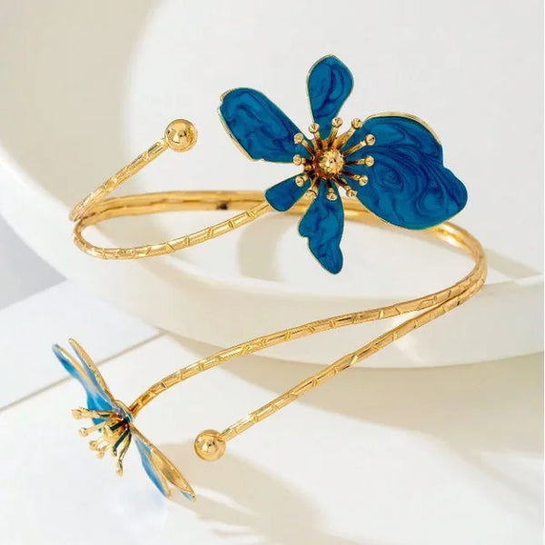 Flower Pattern Arm Cuff Wristband with Enamel Craft in Rose Red for Elegant Style