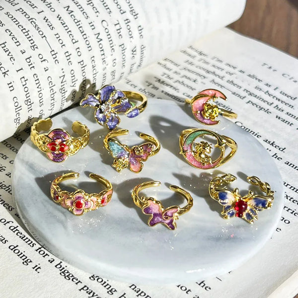 Novelty Flowers Open Rings for Women in Copper Featuring Enamel Craft