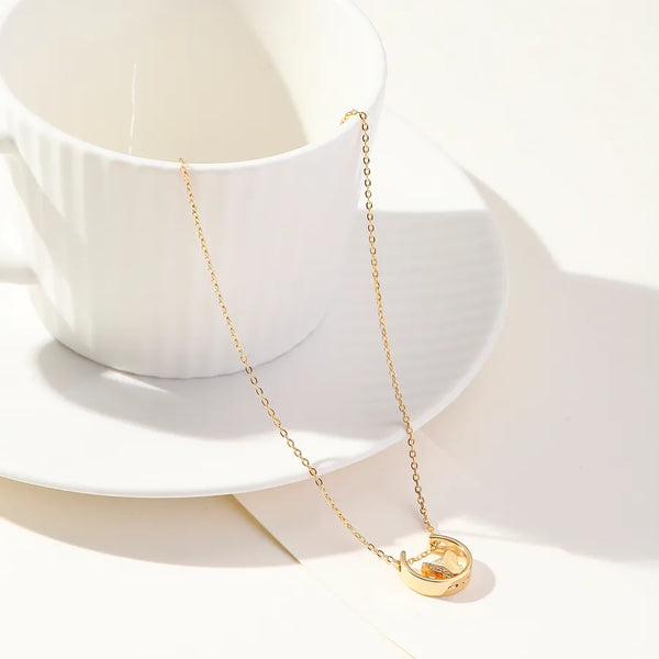 Butterfly Pendant Necklace with Bezel Setting in Golden Plated Copper Featuring Zircon Inlay and 0.03µm Water Plating on Cable Chain