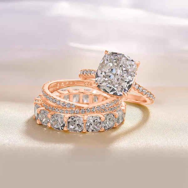 925 Sterling Silver 5A Zircon Wedding Ring Combination Ring for Women   10*10 Ice Flower Cut Simulated Diamond Ring Jewelry