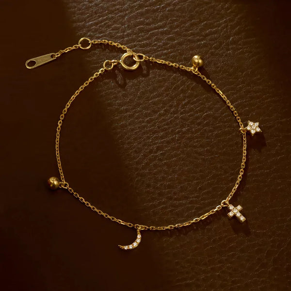 S925 Sterling Silver 16K Gold Plated Star Moon Bracelet Women's Unique Design Ins Style Cross Personalized Arm Jewelry