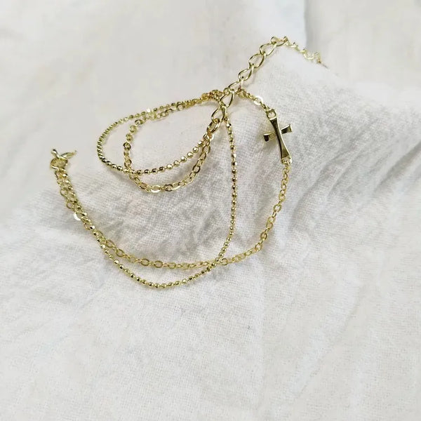 Double Layer S925 Sterling Silver Silver Cross Bracelet for Women Geometric Design Beaded Chain Bracelet Jewelry