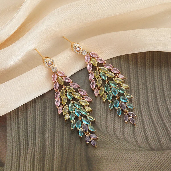 Elegant Long S925 Silver Needle Zircon Leaf Earrings Wedding Bridal Jewelry Bohemian Floral Print Fairy Style Women's Accessories