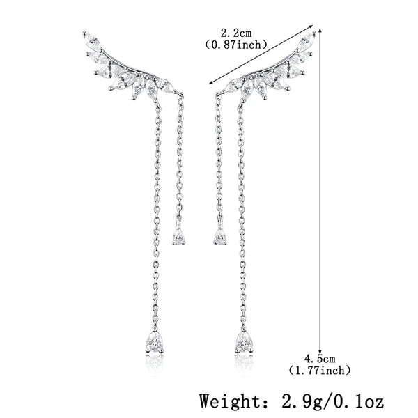 S925 Sterling Silver Earrings With Embedded Zirconia Feathers Tassel Fashion Romantic Angel Wings Versatile For Banquet Wear