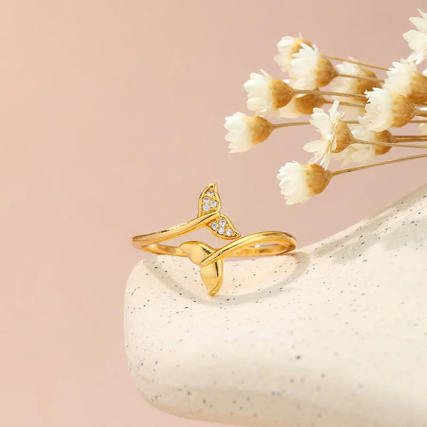 Fish Tail Open Ring in Copper with Golden Plated Finish, Featuring Zircon Inlay and Waterproof Non Tarnish Craftsmanship for Summer