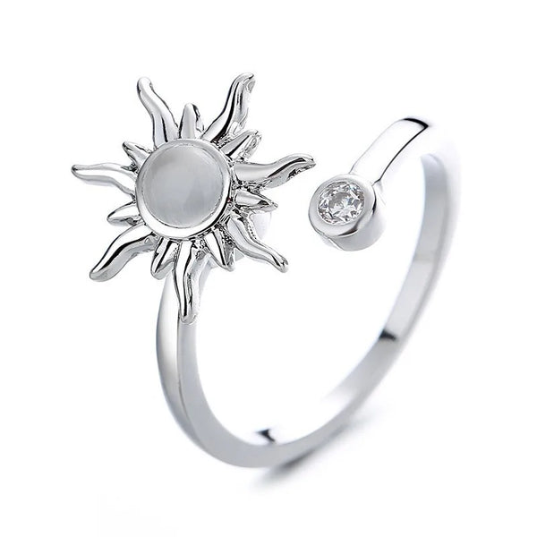 Rotatable Sun Fidget Ring for Women in Copper with Real Gold Plated Electroplated Finish Featuring Moonstone Inlay