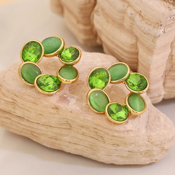 1 Pair Elegant Simple Style Round Inlay 304 Stainless Steel Opal Glass 18K Gold Plated Ear Studs