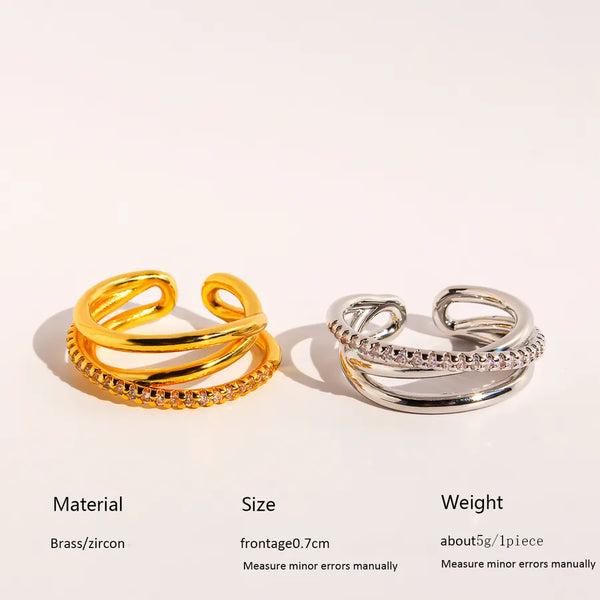Geometric Brass Ring with 24K Real Gold Electroplated Coating of 0.05µm-0.08µm Thickness Featuring Zircon Inlay
