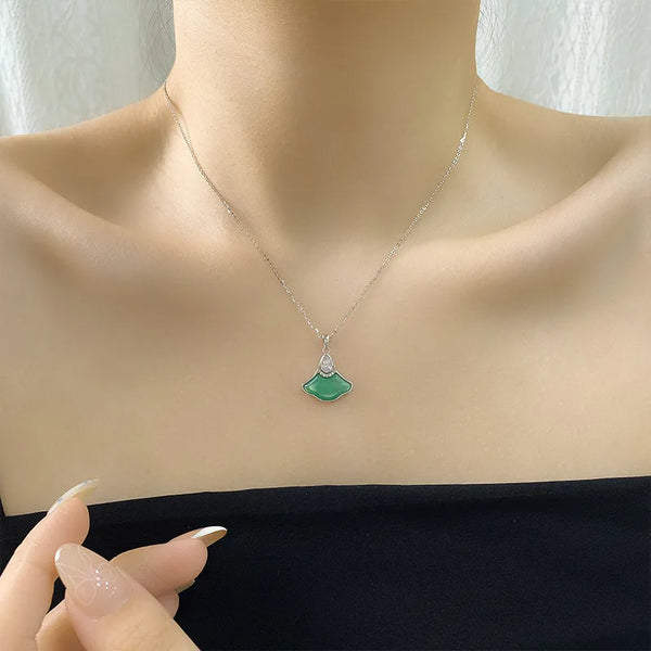 Natural Ice Transparent African Jade Women's Necklace S925 Sterling Silver Embedded Zirconia Bohemian Style Floral Print Pendant Clavicle Chain