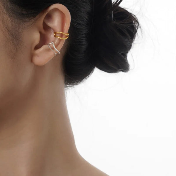 E5235 New Style Simple Versatile S925 Pure Silver Double Layer Hollow Geometric Clip-On Earrings For Women Without Piercing Matte Finish