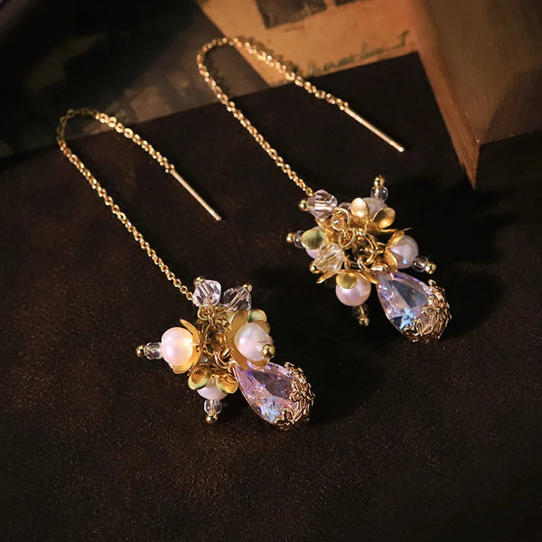 Natural Pearl Earrings Vintage Zircon Flower Cluster Ear Thread  High-end Socialite Jewelry