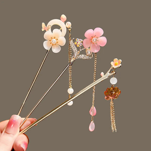Chinoiserie Flowers Metal Hair Sticks for Women with Jade Inlay, Elegant Floral Hair Accessories
