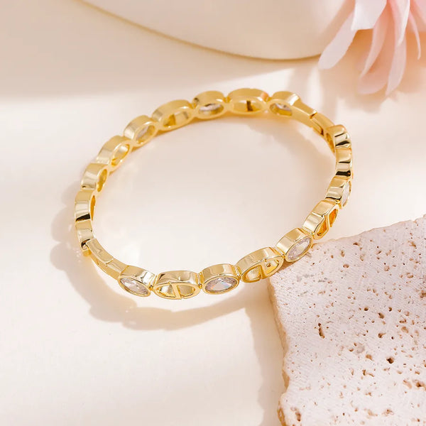 Simple Zircon Geometric 14K Gold Plated Bracelet with Adjustable Waist Size and Real Platinum Plated Bangle