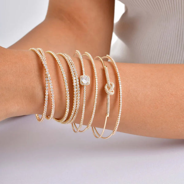 Luxurious Ladies Open Hand Bracelet Double Layer Geometric Design Copper Material Sparkling Zirconia Elegant Sweet Jewelry Accessory