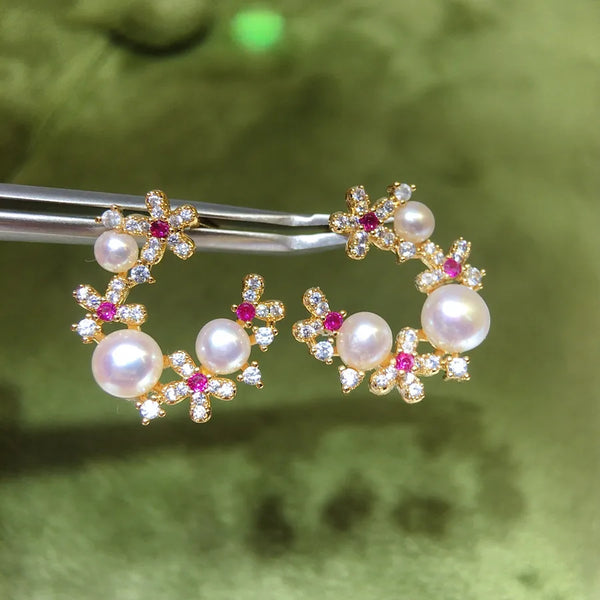 Style Floral Series Natural Freshwater Pearl Earrings for Women, Light Luxury Niche High-end Pearl Earrings Jewelry