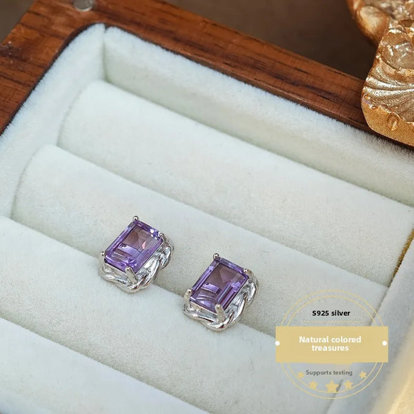 Natural Square Amethyst Earrings Colorful Gemstone Elegant Minimalist Silver Studs Geometric Pattern Women's Jewelry