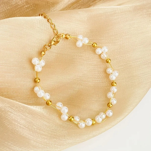 Pearl Beaded Chain Bracelet for Women with KC Golden Plated Resin and 0.03µm-0.05µm Plating Thickness