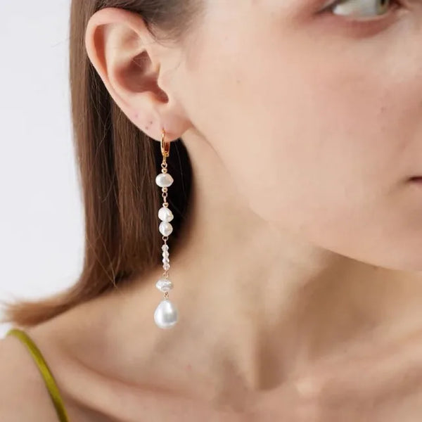 Vintage Asymmetric Length AB Pearl Pendant Earrings Natural Baroque Women's Jewelry Earrings and Studs