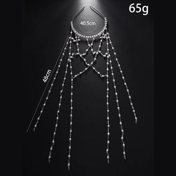 Wedding Pearl Tassel Hair Chain Mesh Ladies Hair Accessories Bridal Headdress Shiny Gradient Color Floral Design