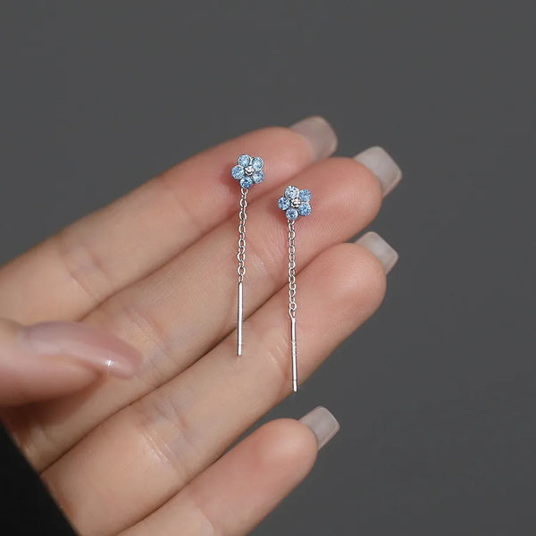S999 Pure Silver Fresh Blue Flower Long Women's Earrings Super Shiny Bohemian Style Floral Pattern Fairy Wind Simple Versatile