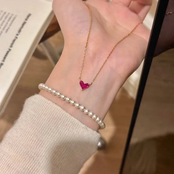 Red Heart Necklace Ladies Casual Design Collarbone Chain Valentine's Day Gift High Quality Copper Jewelry