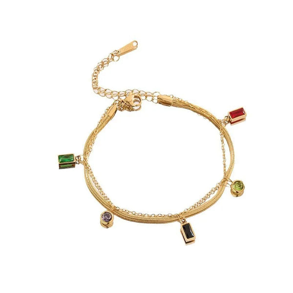 Asymmetrical Rectangle Bracelet for Women in 316 Stainless Steel with 18K Real Gold Plated PVD Coating and Zircon Inlay on Snake Chain