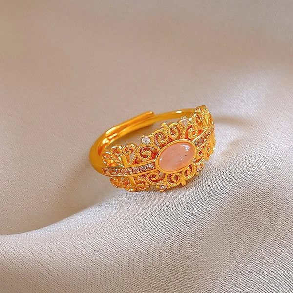 Elegant Geometric Flower Zircon Ring For Women Fashionable Minimalist Style Copper Material 24K Gold Plated Vintage Design