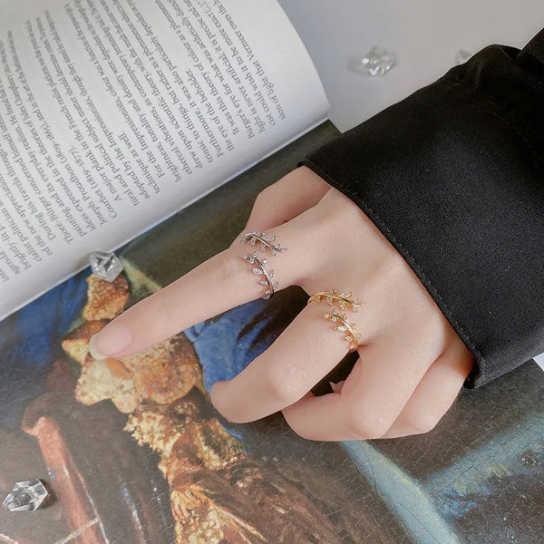 fashion leaf copper inlay zircon open ring 1 piece