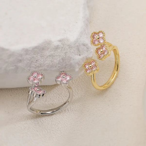 Open Flowers Ring with Zircon Inlay, Copper Base Featuring 18K Real Gold Water Plating with 0.03µm Thickness