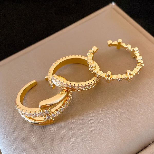 True Gold Plated Open Ring Set With Multiple Layers Of Zirconia Stones Fashionable Versatile Luxury Feel Geometric Pattern Rings For Women