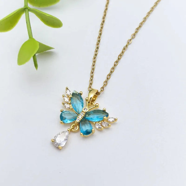 Handmade Butterfly Necklace for Women in 201 Stainless Steel with Golden Electroplated Finish and Glass Inlay on Cable Chain