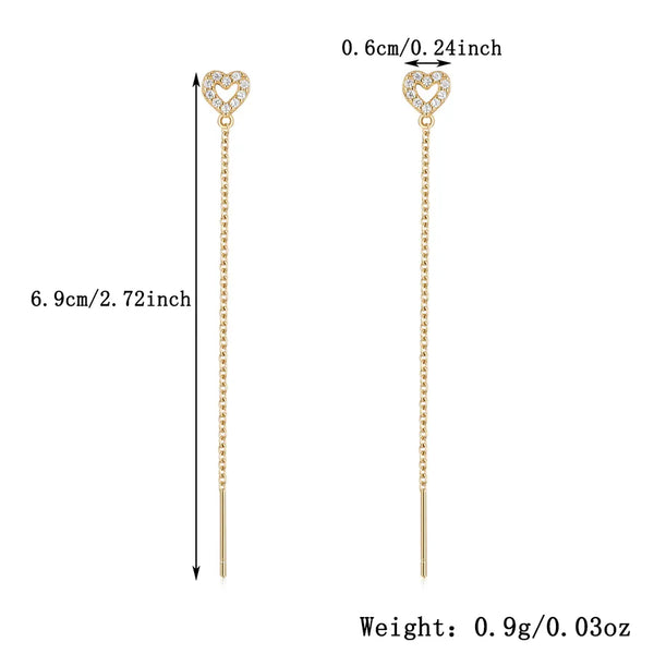 18K Gold Plated Platinum Plated S925 Sterling Silver Inlaid Zircon Heart Ear Thread Heart-shaped Simple Women's Earrings Vintage Style
