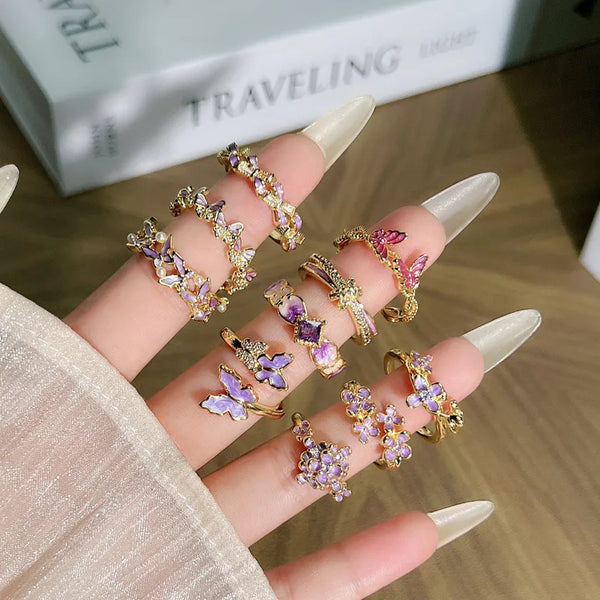 Wholesale Jewelry Classic Style Shiny Flower Butterfly Copper Enamel Open Rings