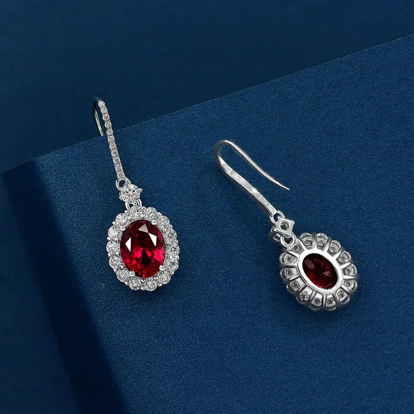 2ct Egg-Shaped 7*9 Platinum-Plated Geometric Pattern 925 Sterling Silver Cultured Red/Blue Sapphire Artificial Gemstone Earrings Elegant