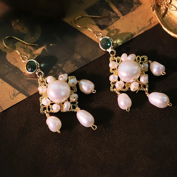Natural Pearl Carved Emerald Glass Tassel Earrings Vintage Earrings Geometric Handmade Earrings