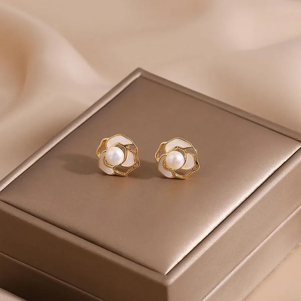 925 Hollow Silver Freshwater Pearl Earrings Shiny Vintage French Style Women's Tea Rose Jewelry
