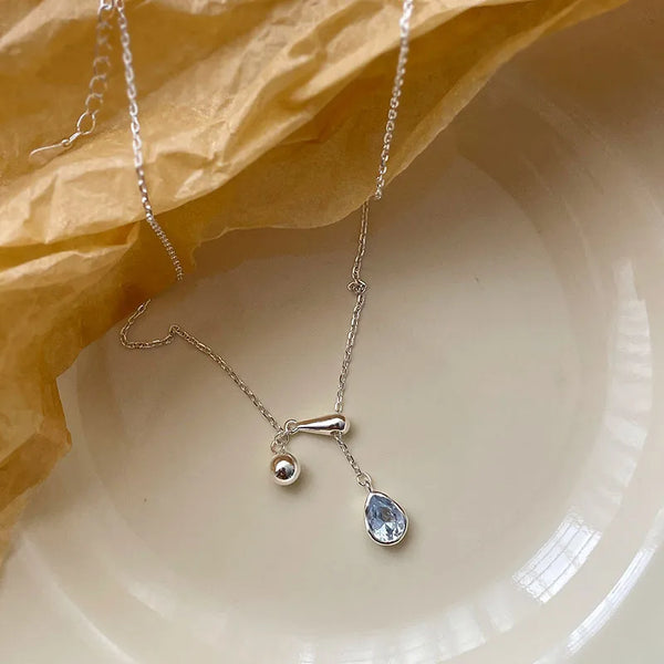 Elegant Blue Waterdrop Zircon S925 Silver Adjustable Length Necklace Feminine Geometric Pattern Jewelry For Women