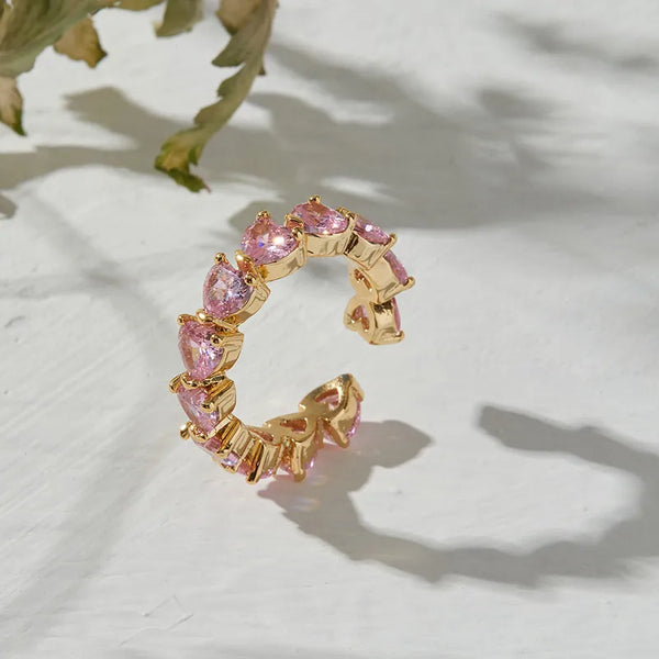 14K Gold Plated Real Gold Women's Ring Open Pink Zircon Heart-shaped Ring Simple Jewelry