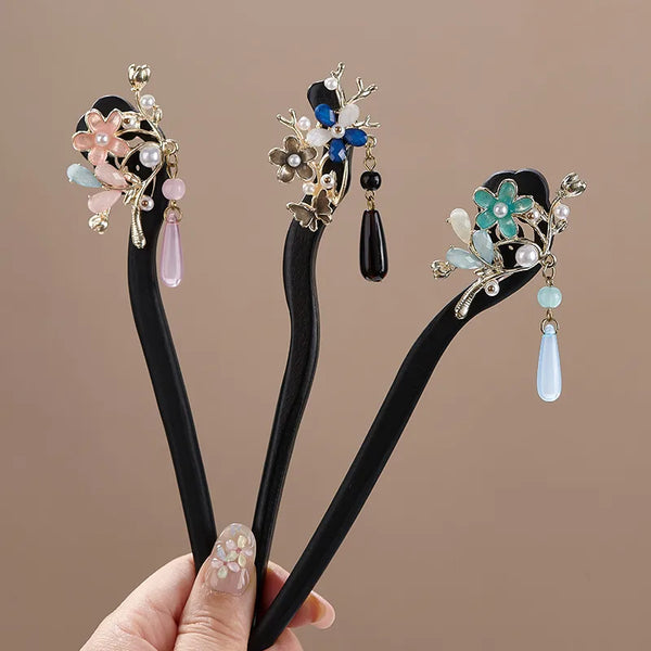 Retro Wooden Hair Sticks with Multicolor Flowers, Perfect Hair Accessories for Autumn