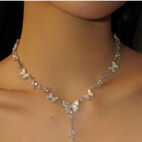 Natural White Mother-of-Pearl Butterfly Necklace Luxury Long Y-Shaped Shell Zircon Collarbone Chain Women's Jewelry