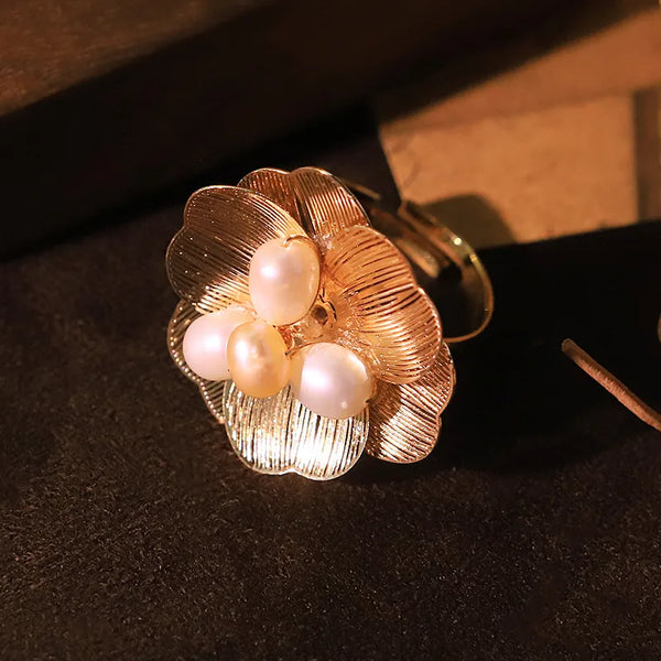 Natural Pearl Double Layer Three Petal Flower Ring Adjustable Open Ring Vintage Index Finger Ring Jewelry 18K Gold Plated