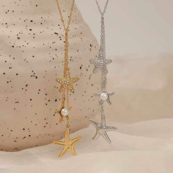 Starfish Pendant Necklace for Women, 16K Gold Plated 304 Stainless Steel with Artificial Pearl, PVD Coated Cable Chain